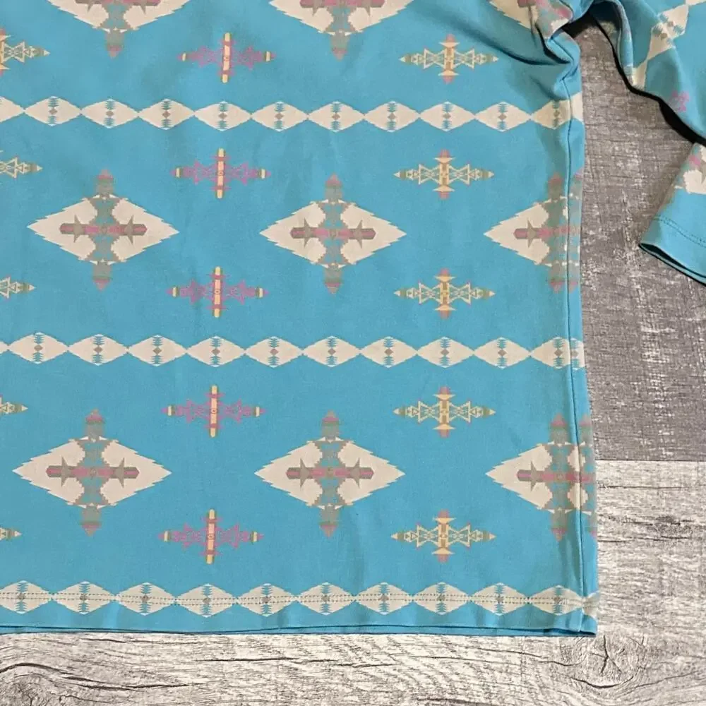 Pendleton Aztec Print V Neck Shirt Womens M 3/4 Sleeve Blue Teal Southwestern - Picture 4 of 6